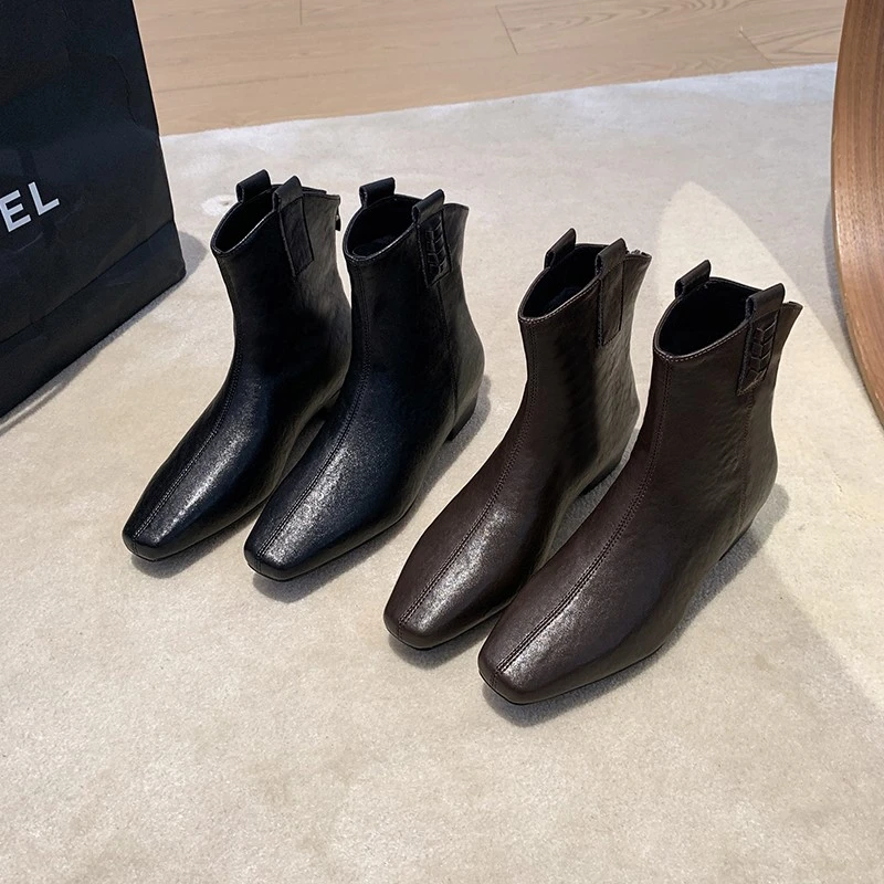 低跟女短筒方头马丁靴瘦瘦靴平底秋季女鞋秋冬