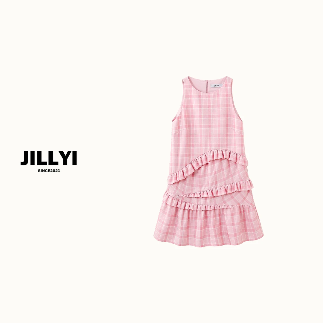 JILLYI珠海店【粉格迷雾】樱花粉色收褶工艺公主气质洋气时尚格子连