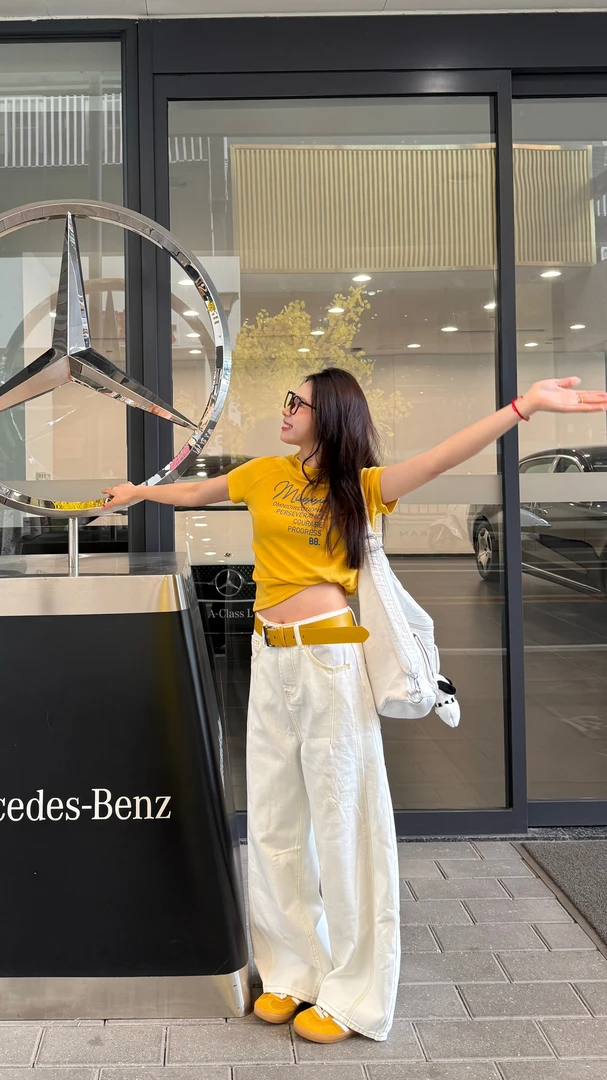 娜娜自制【奶油蛋糕】春夏新款休闲宽松撞色白色牛仔阔腿拖地裤