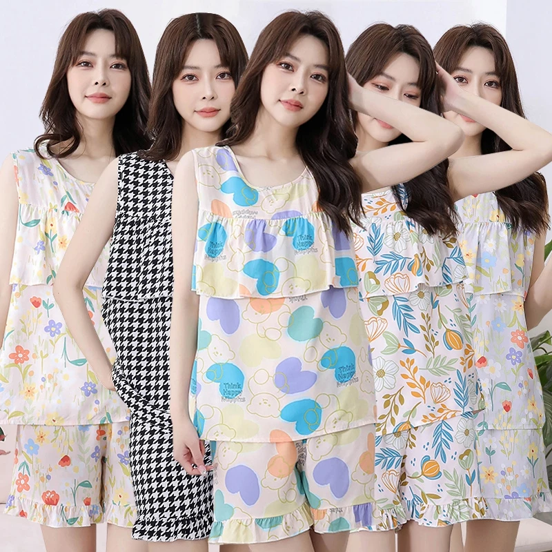 防凸点千鸟格无袖短裤绵绸套装防尴尬荷叶边睡衣女两件套家居服夏