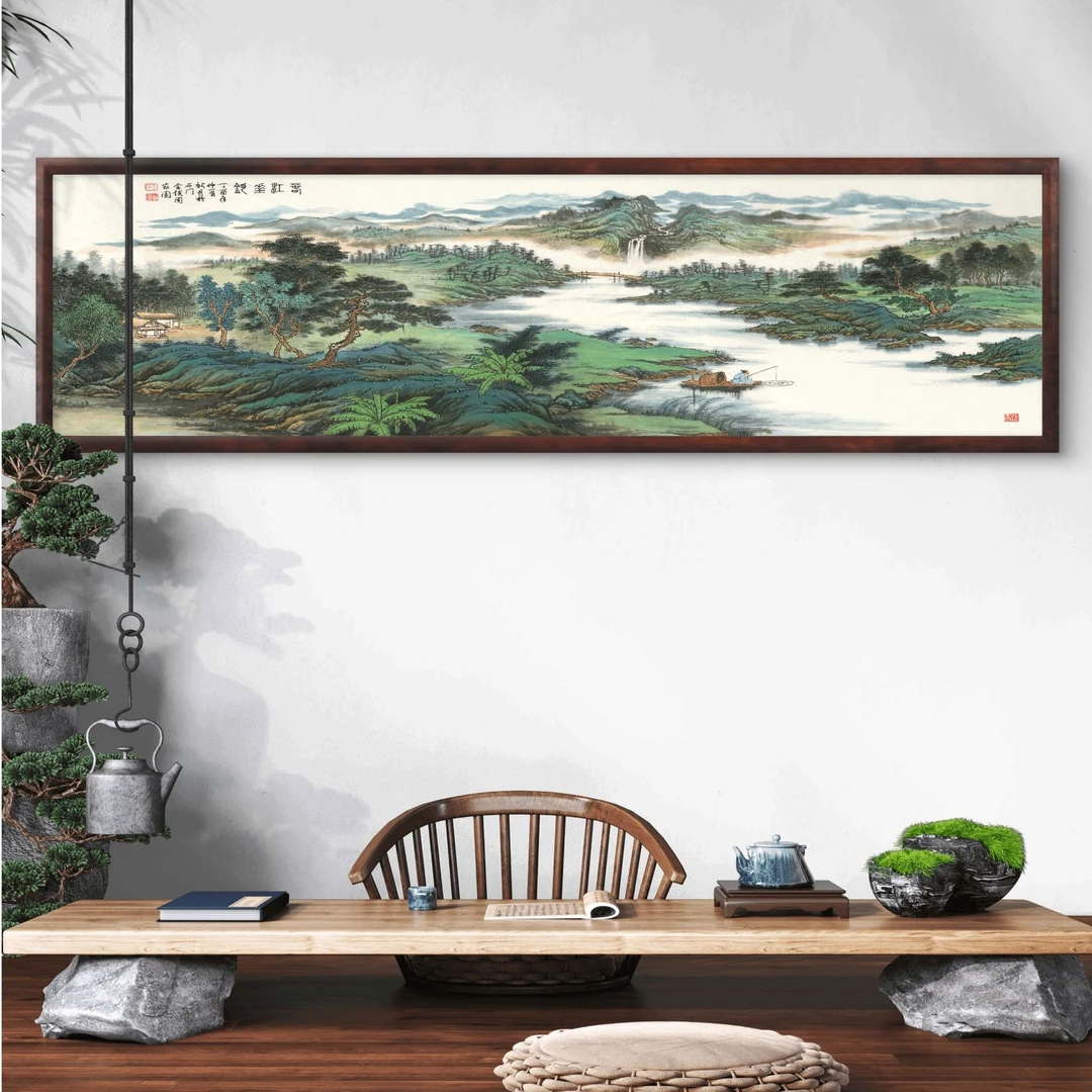 848-40*140孤江垂钓中式装饰画实木框玄关书房茶室客厅挂画