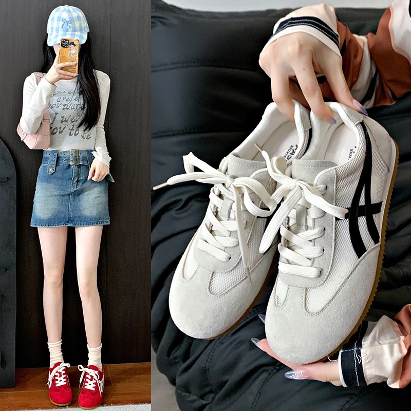 复古德训鞋女鞋2025年春季新款平底阿甘鞋运动鞋休闲软底单鞋绒网