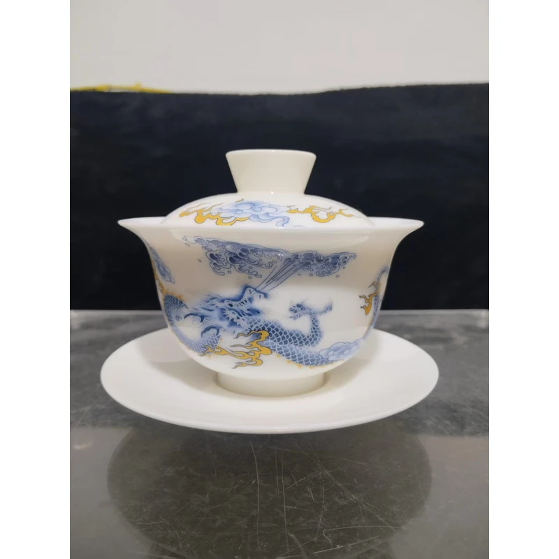 羊脂玉瓷龙腾盛世悬停三才盖碗家用功夫茶具0706