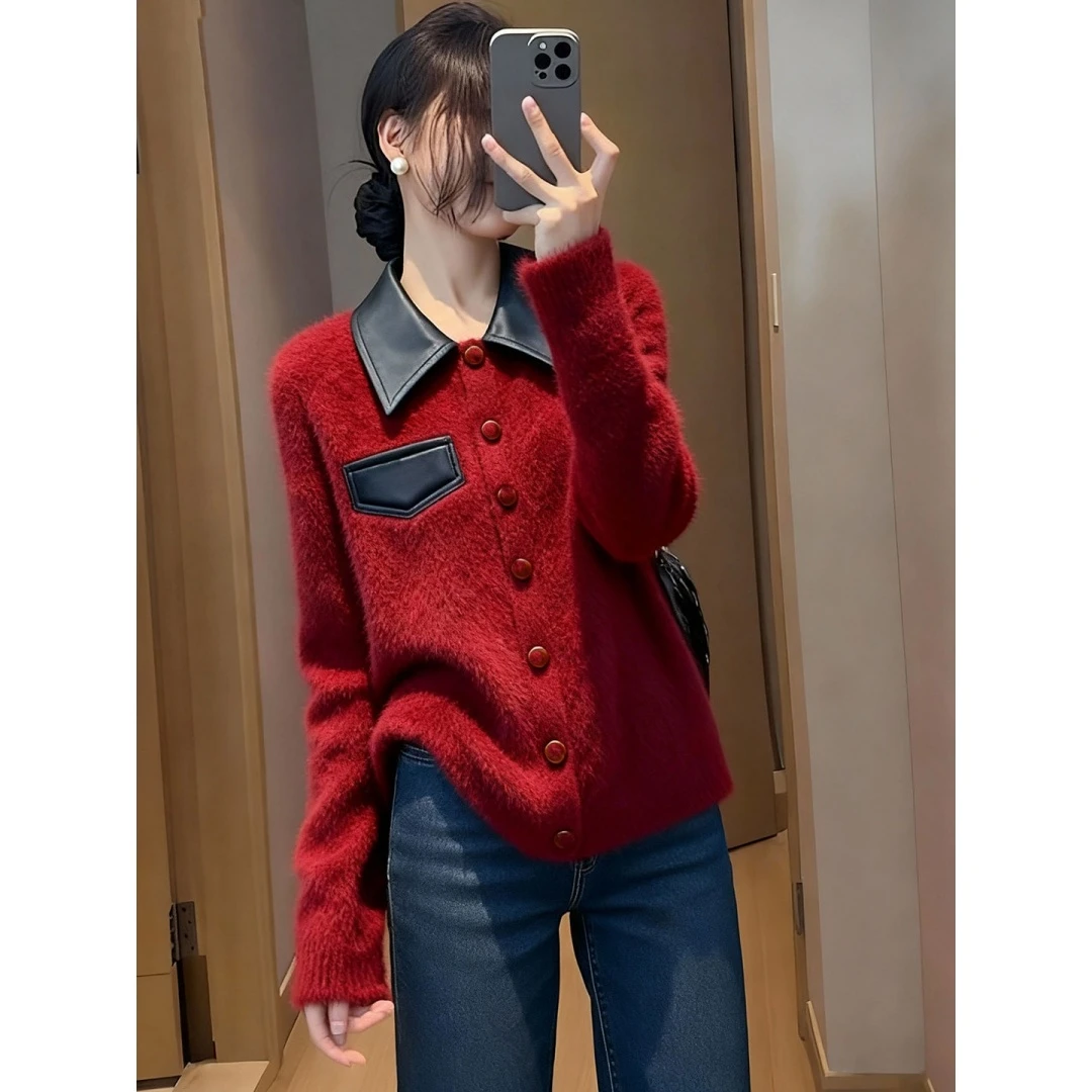 新款时尚气质百搭个性小众休闲慵懒风红色上衣女2025冬翻领针织衫