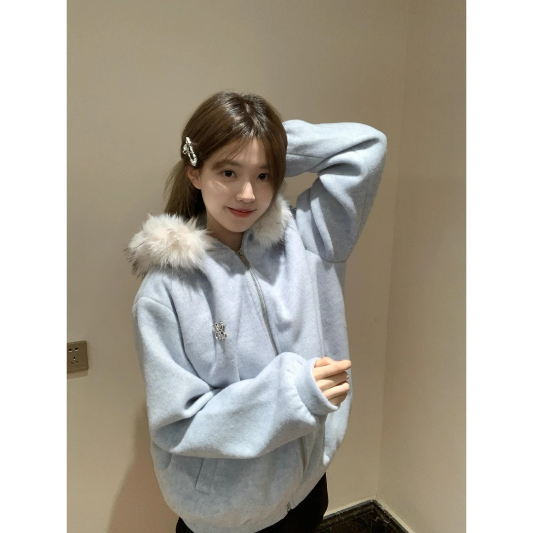 韩系覆古毛领连帽拉炼开衫卫衣女2025秋冬韩系高级感加厚慵懒外套