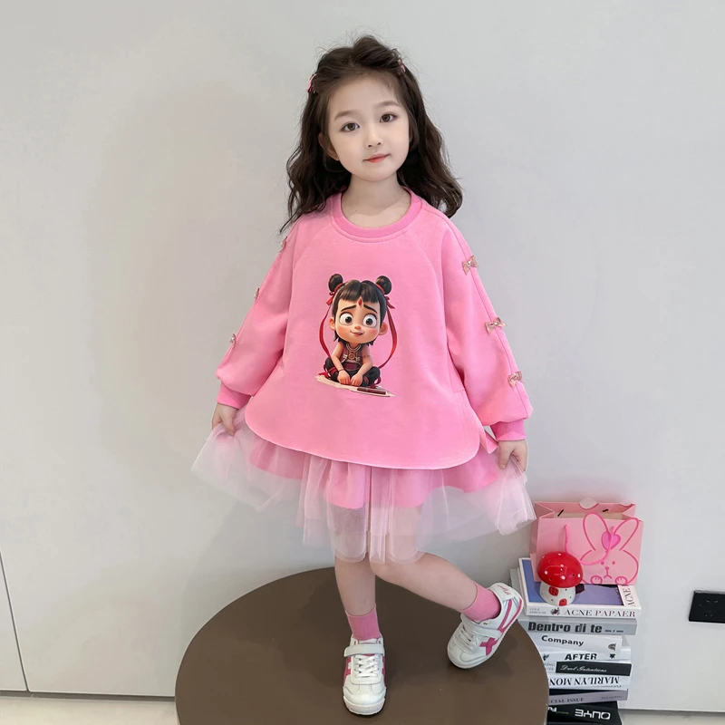 女小童哪吒卫衣裙子春秋装2025新款女孩宝宝连衣裙洋气卡通上衣潮