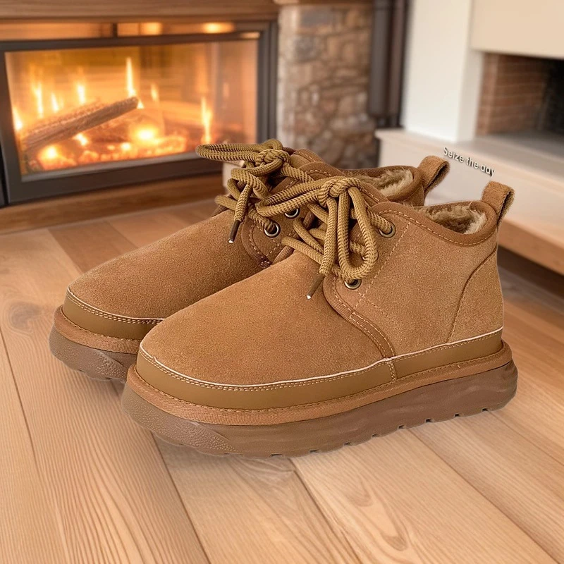 桑坡雪地靴秋冬复古真皮厚底防滑冬季棉鞋男女情侣款加绒鞋子