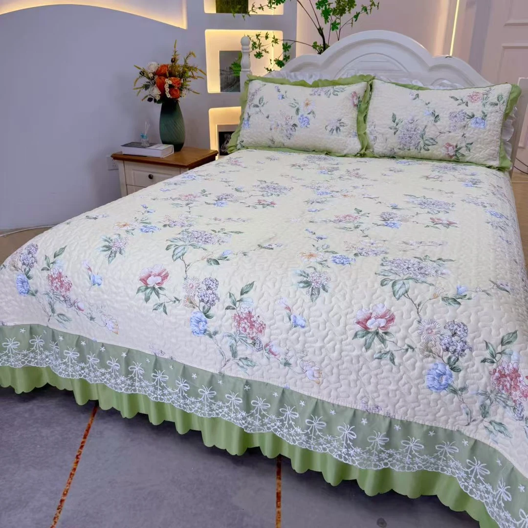 ◇春夏新品【俏佳人】四季床盖泡芙棉双层纱蕾丝床裙可机洗床品F