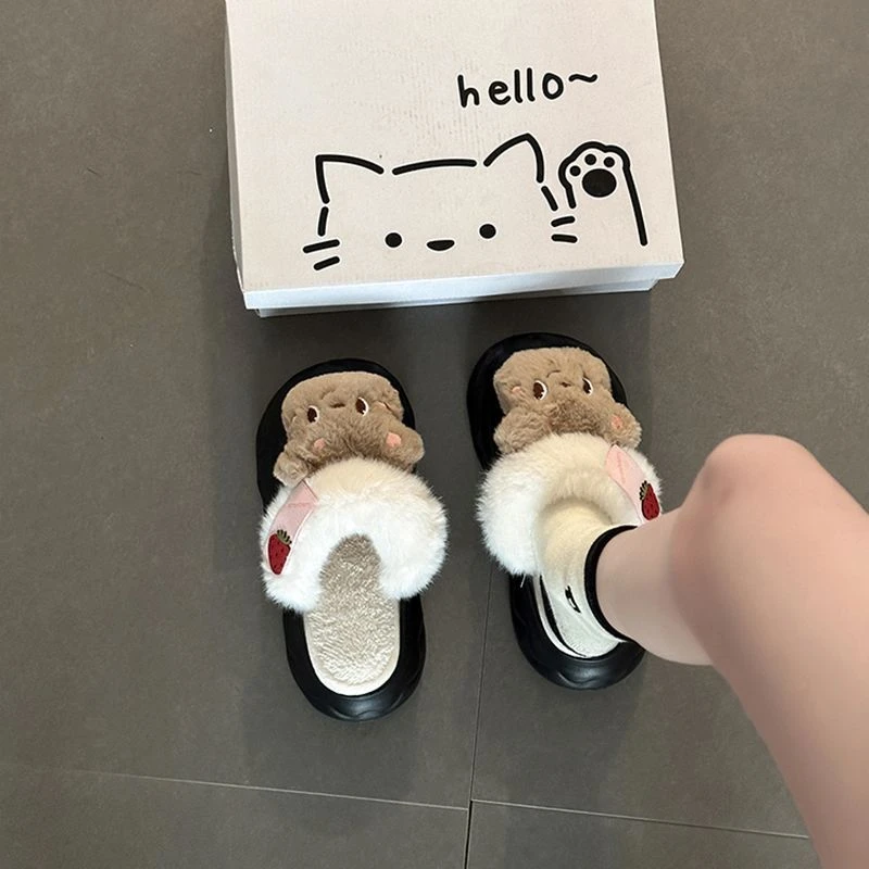 一脚蹬厚底防滑卡通笑脸小熊包头拖女2025新款冬季加绒保暖棉拖鞋