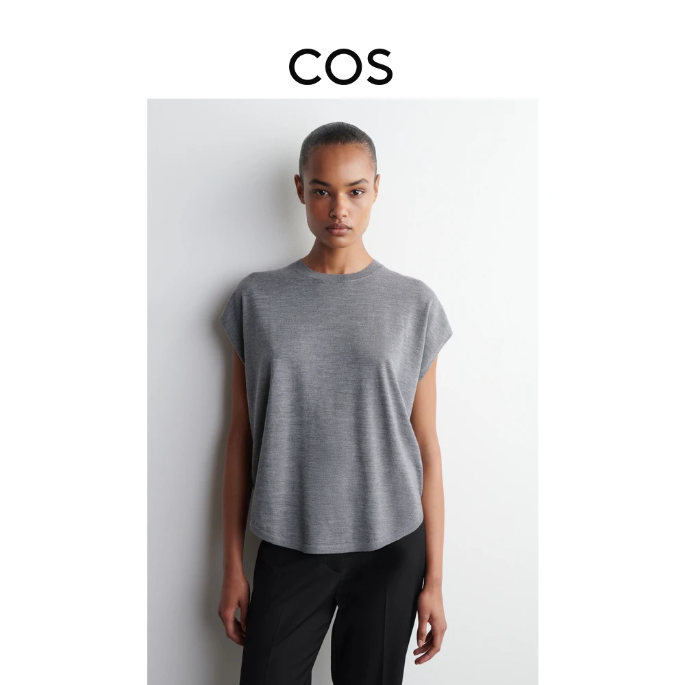 COS女装 休闲版型圆领美利奴羊毛上衣灰色2025秋季新品1293344002