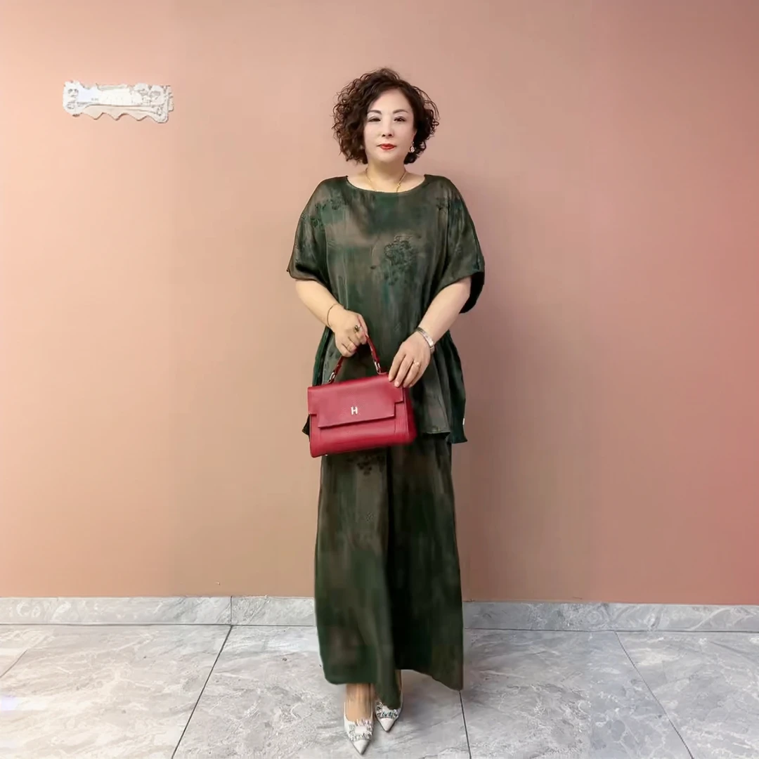 A79夏季新款高档时尚桑蚕丝套装中老年妈妈大码200斤上衣+阔腿裤