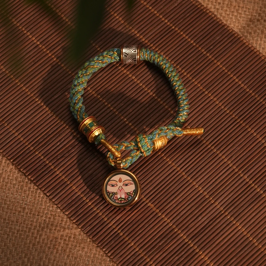 【纯手绘唐卡】藏式手工编绳八大守护手绘唐卡三色手绳款