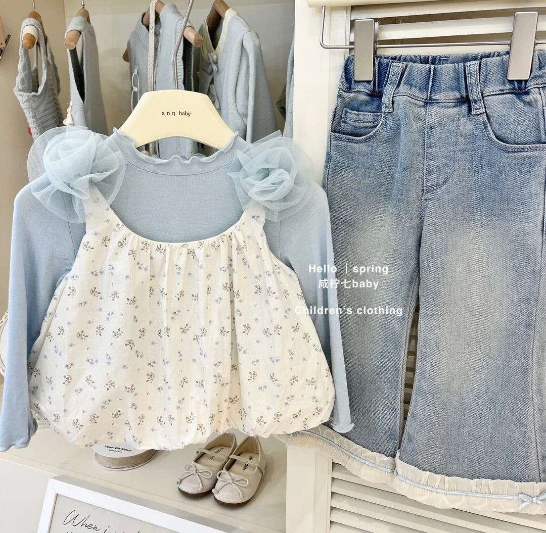 现【咸柠七】女童套装春秋新款洋气女宝可爱碎花吊带两件休闲裤韩版