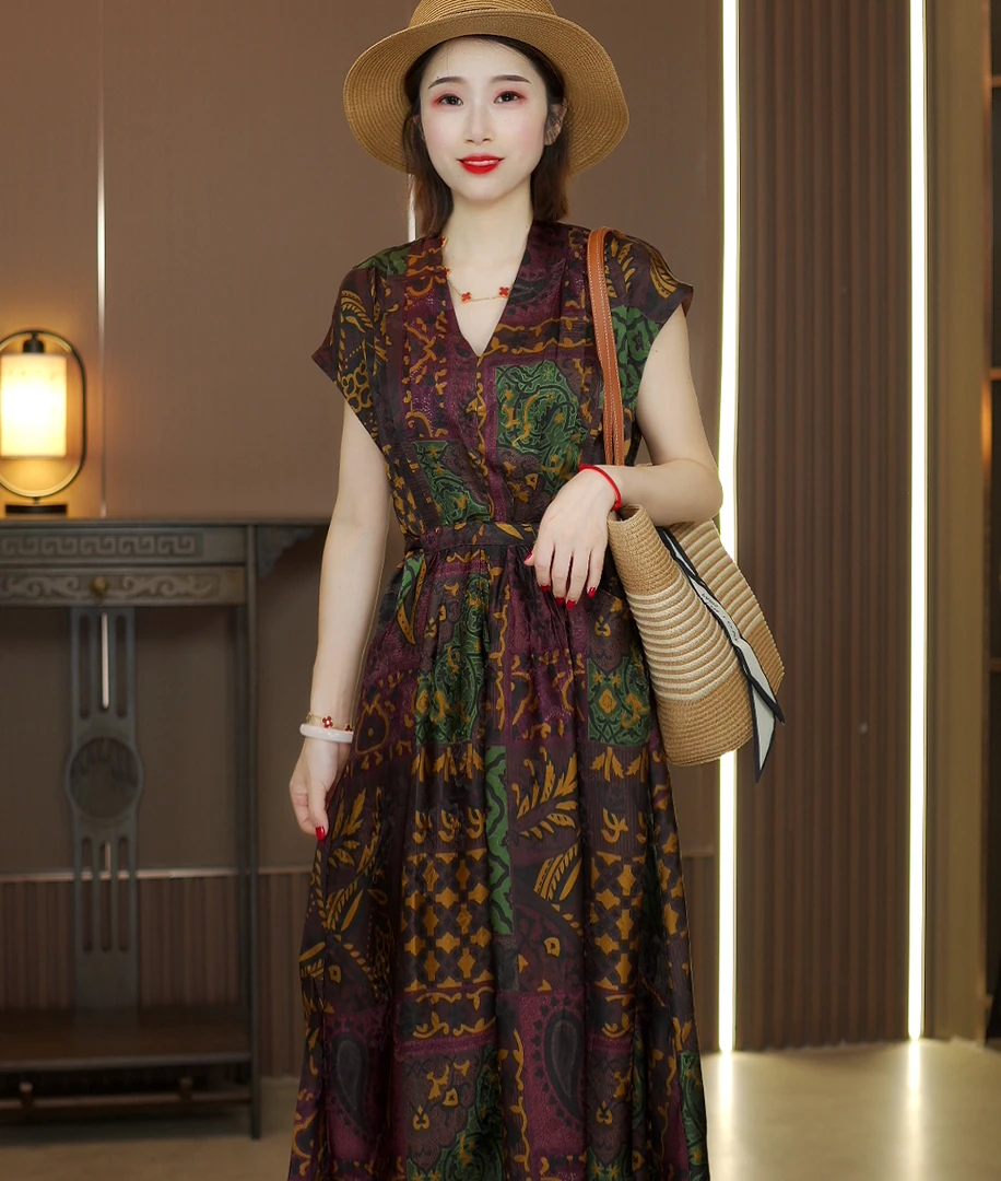 【华荣】2025夏季花罗香云纱 经典V领显瘦风复古连衣裙