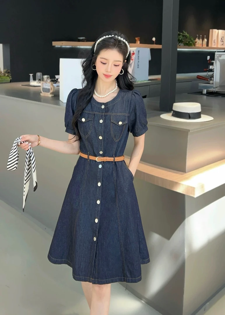 俊俏伊人5631复古牛仔圆领短袖夏收腰连衣裙
