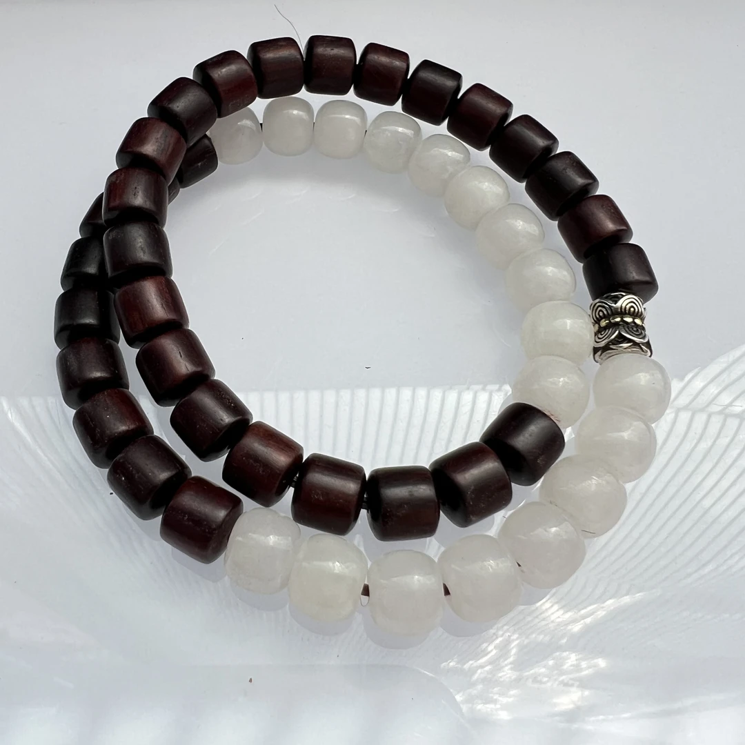 【小叶紫檀双圈】小叶紫檀白玉双圈手串玻璃底老泥料百搭双拼手串