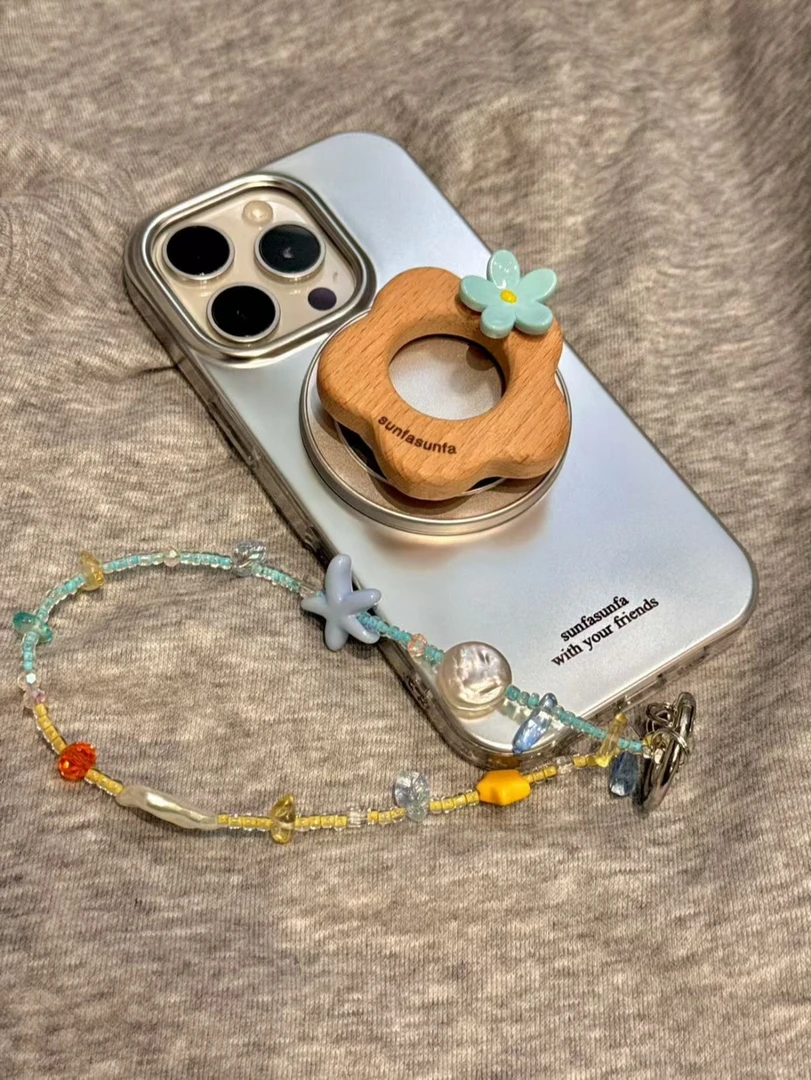 ins创意木质花朵磁吸支架电镀双层苹果16promax/15/14防摔手机壳