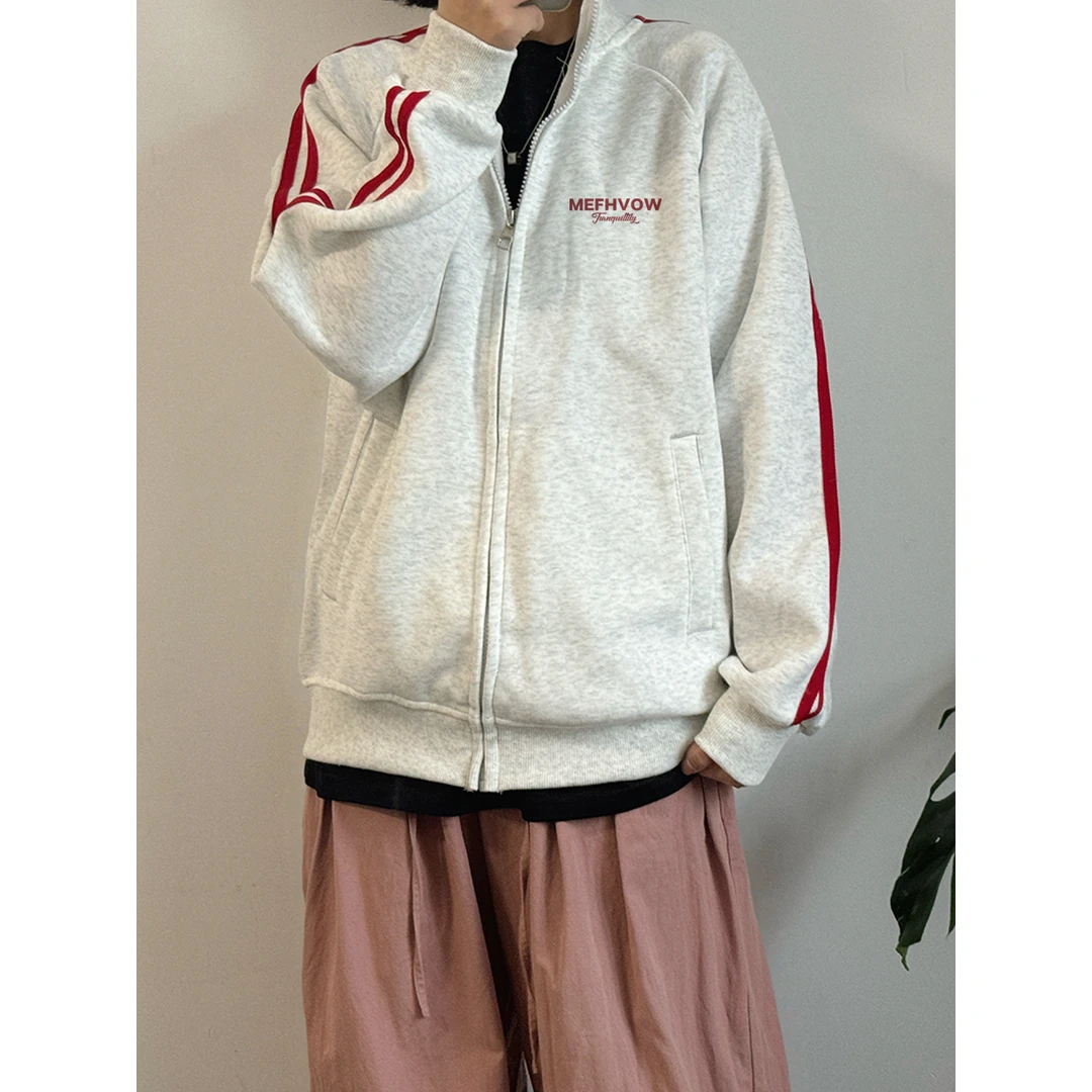 美式潮牌字母印花三条杠开衫拉链卫衣宽松百搭秋冬立领情侣外套