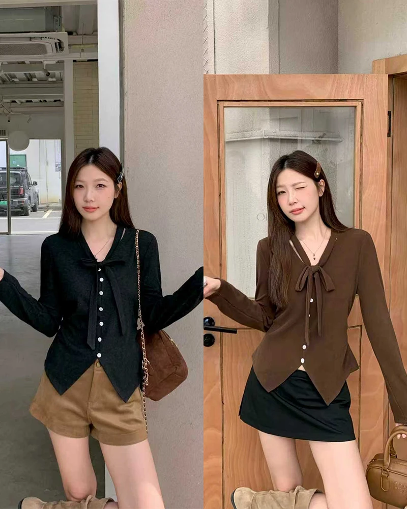 2025秋冬法式V领飘带针织打底衫大码胖mm设计感显瘦内搭上衣80653