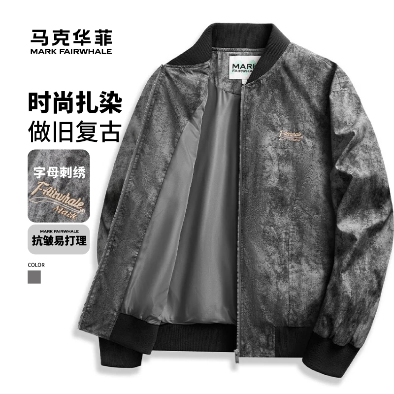 【字母刺绣】马克华菲25春宽松复古做旧扎染棒球领男士休闲夹克外套