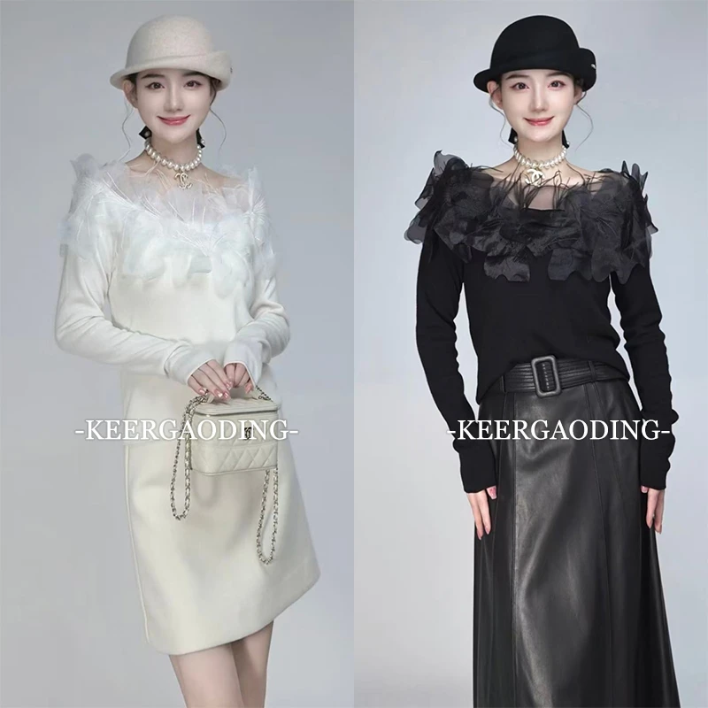 【可儿•高定】高端设计师手工刺绣拼鸵鸟毛天鹅颈领羊毛上衣FC-8842