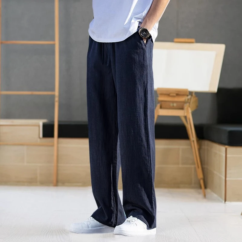 复古风轻薄透气亚麻裤子男夏季大码宽松直筒裤长裤棉麻阔腿休闲裤