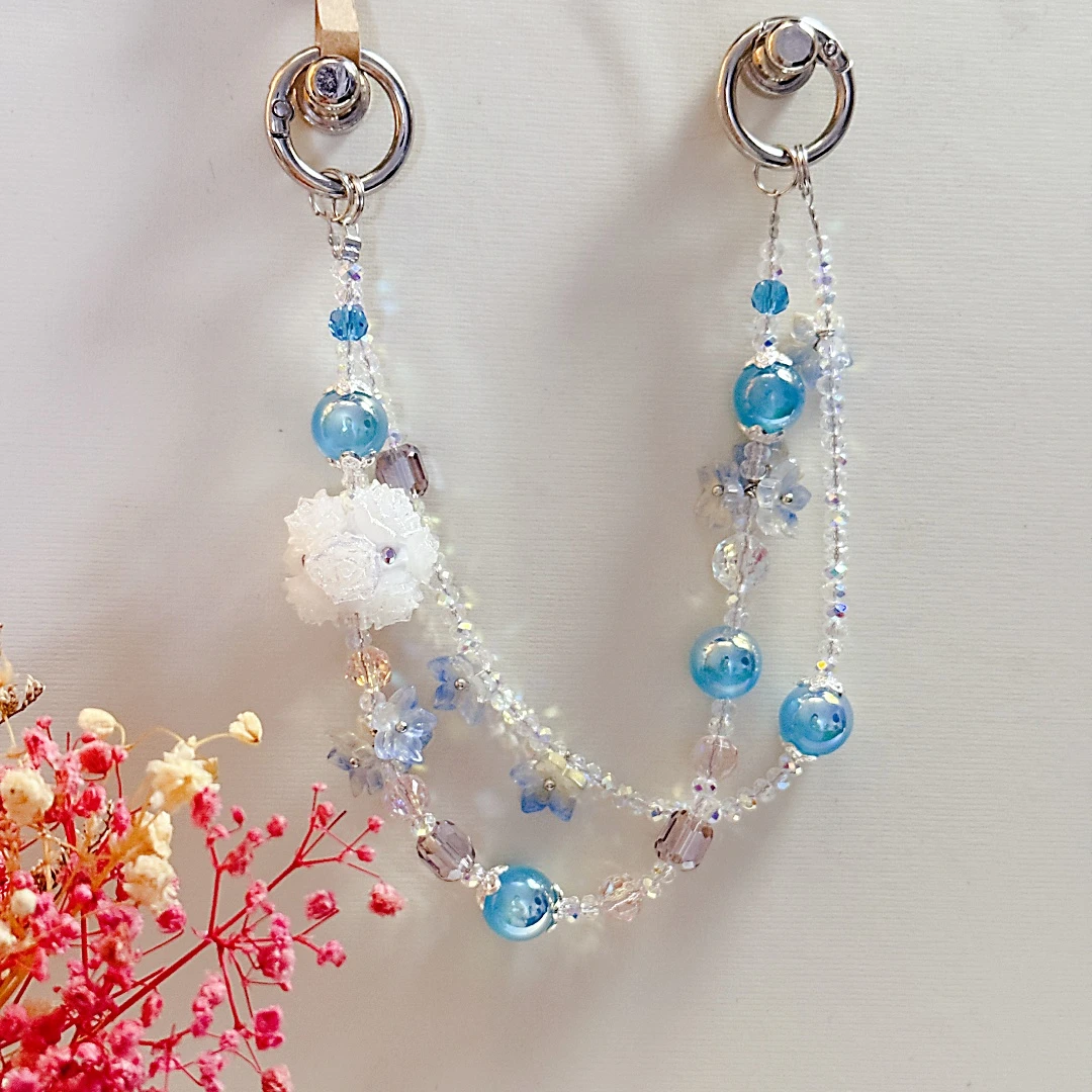 847蓝色花球双层女款手机链手工创意防丢短款