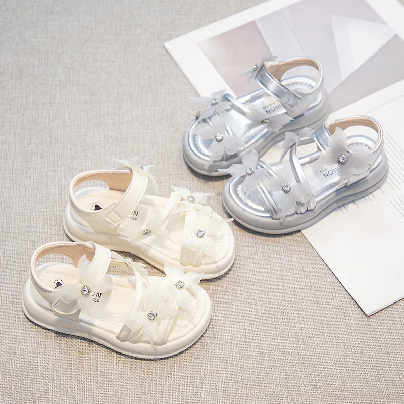 女童凉鞋潮款夏季新款小女孩公主鞋儿童网纱蝴蝶结露趾软底沙滩鞋