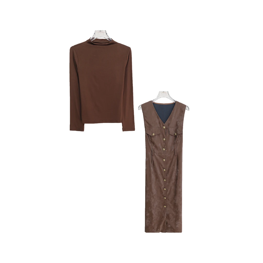 S法式复古美拉德圆领内搭暗纹背心裙套装S4788