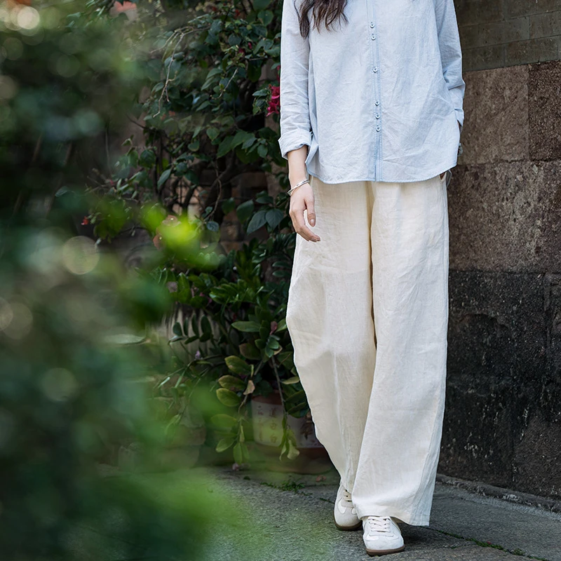 牧衣游原创 刺绣汉麻棉裤子夏季轻薄宽松显瘦白色百搭裤 轻麻拾忆