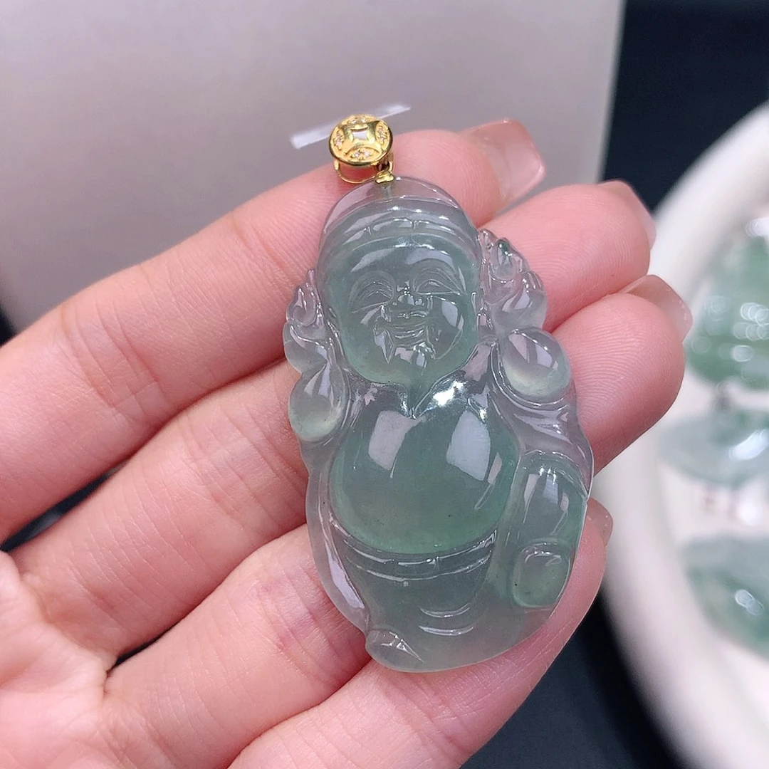 颈饰18K金镶嵌翡翠冰晴底大财爷