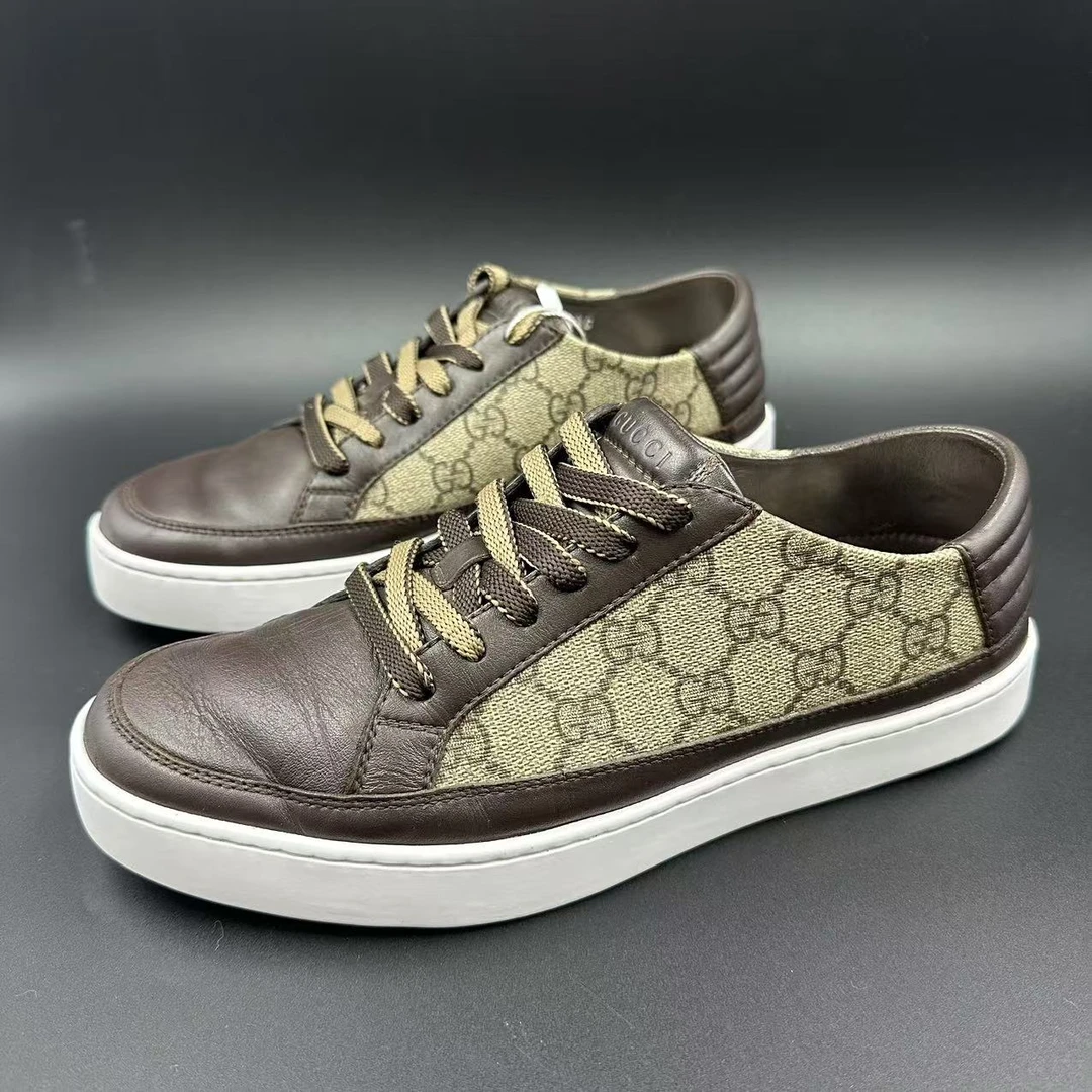95新 GUCCI/古驰 男士棕色老花拼接低帮板鞋41欧码los392