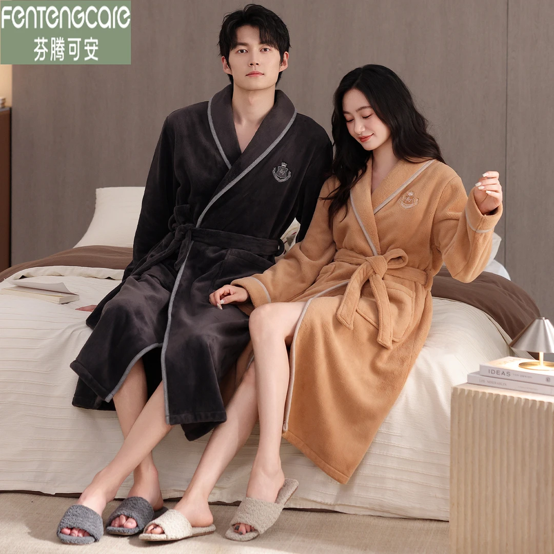 芬腾可安法兰绒情侣睡袍秋冬季加绒加厚冬款保暖晨袍浴袍浴衣睡衣
