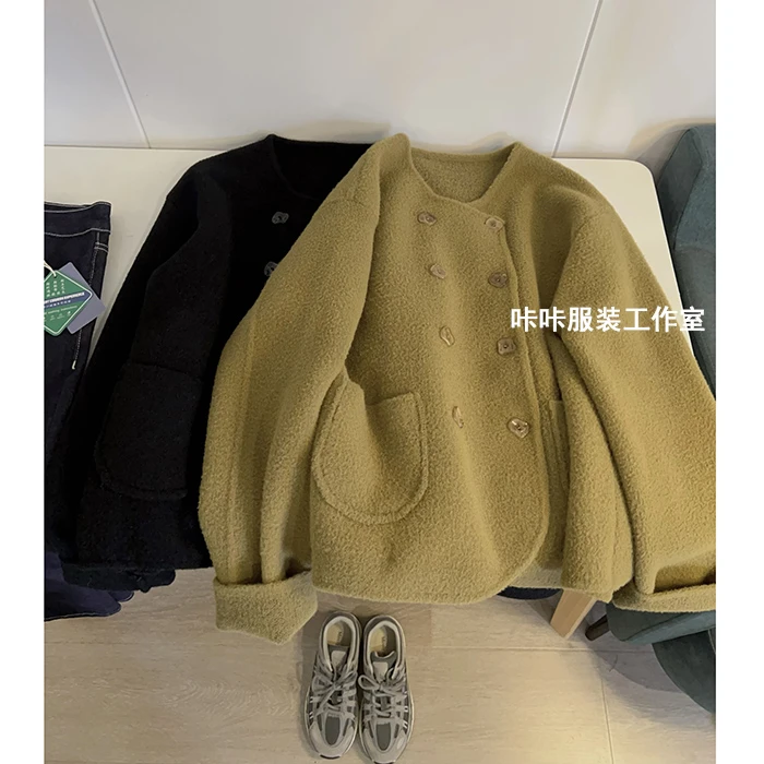 REKAYYAT“花絮”秋冬新款异型扣气质百搭时尚个性纯色双排扣外套