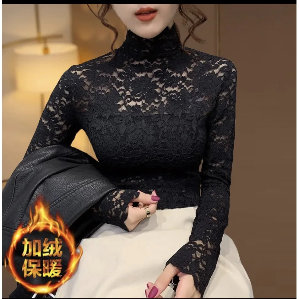 2025蕾丝加绒打底衫女洋气小衫内搭镂空半高领高档欧货蕾丝上衣