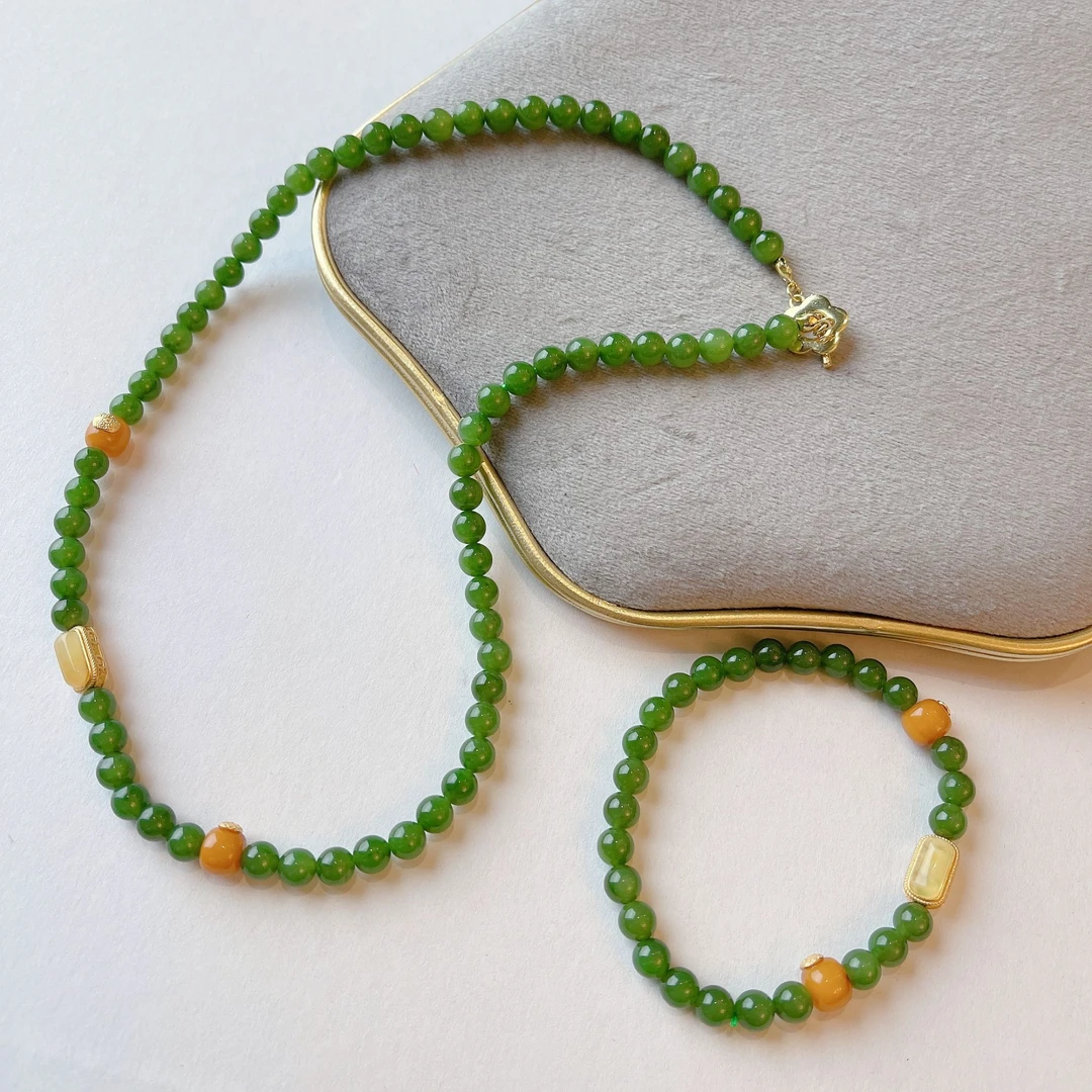 晶雁5-6mm和田玉碧玉套链（项链+手链）百搭时尚