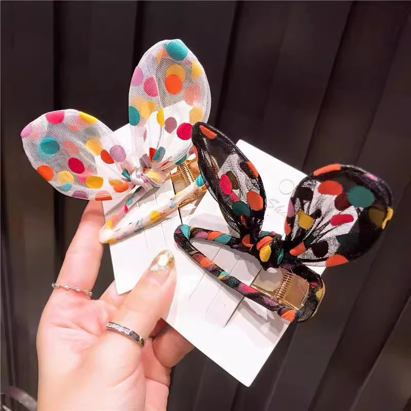 彩色波点兔耳发夹ins日韩国可爱刘海夹网纱少女侧边夹子发饰碎花