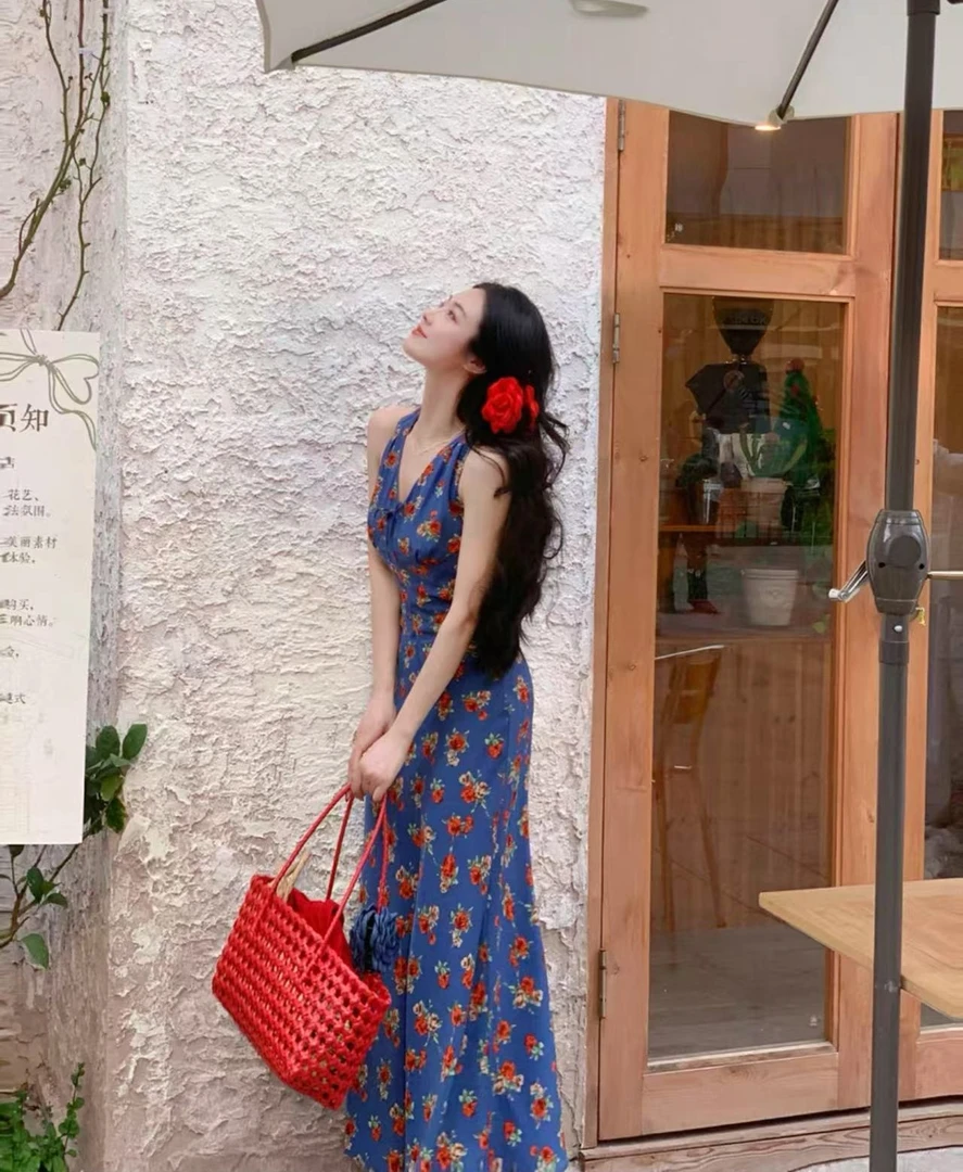 法式复古碎花大码连衣裙V领设计无袖收腰背心长裙夏季99156