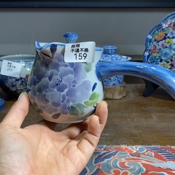 青花瓷景德镇手绘牡丹侧把壶