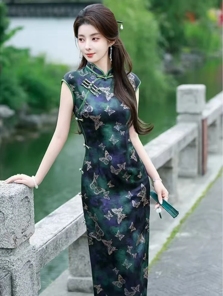 苏州高端【蝶影】日常绿色复古风中国风旗袍优雅中式复古气质宫廷风