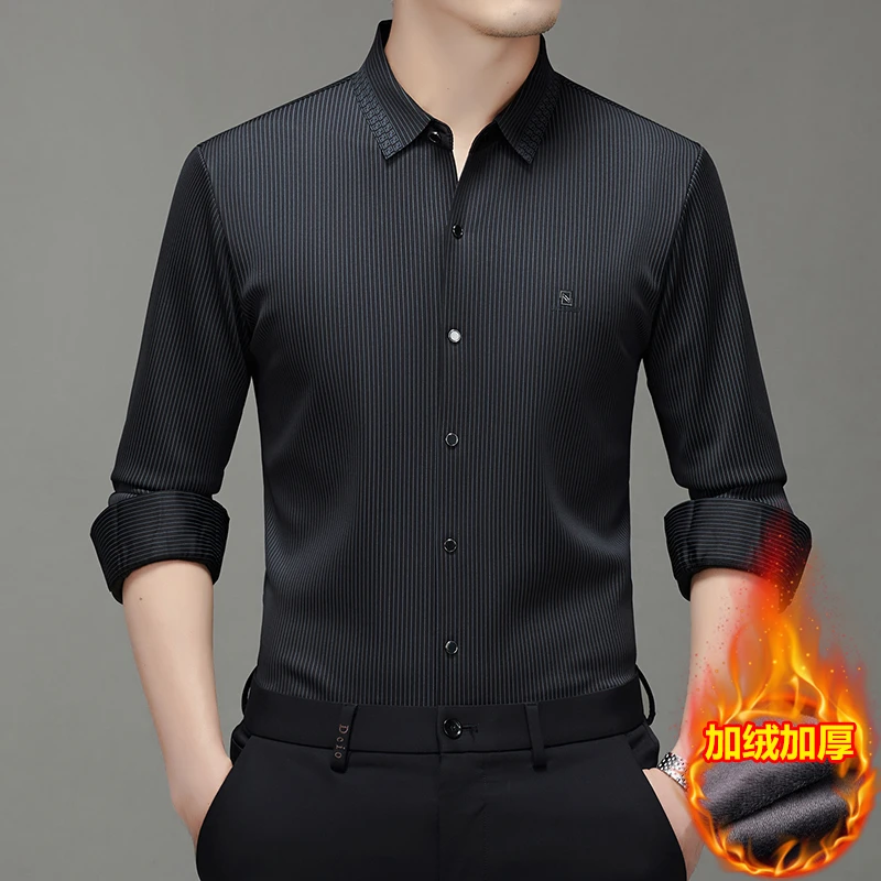 高档加绒加厚保暖衬衫男秋冬季无痕抗皱高弹力条纹加绒保暖衬衫男