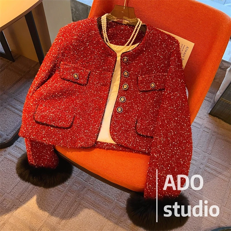 新年红装小香风羽绒外套气质洋气轻奢时尚红色名媛粗花呢百搭