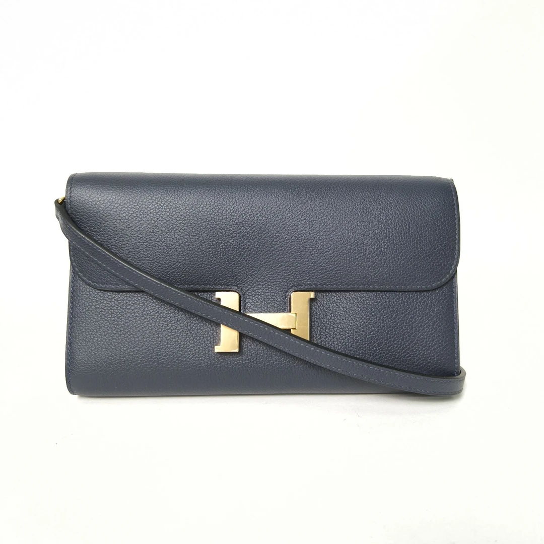 99新 Hermes/爱马仕 【黑黑】康康 肩带 长款钱包 午夜蓝