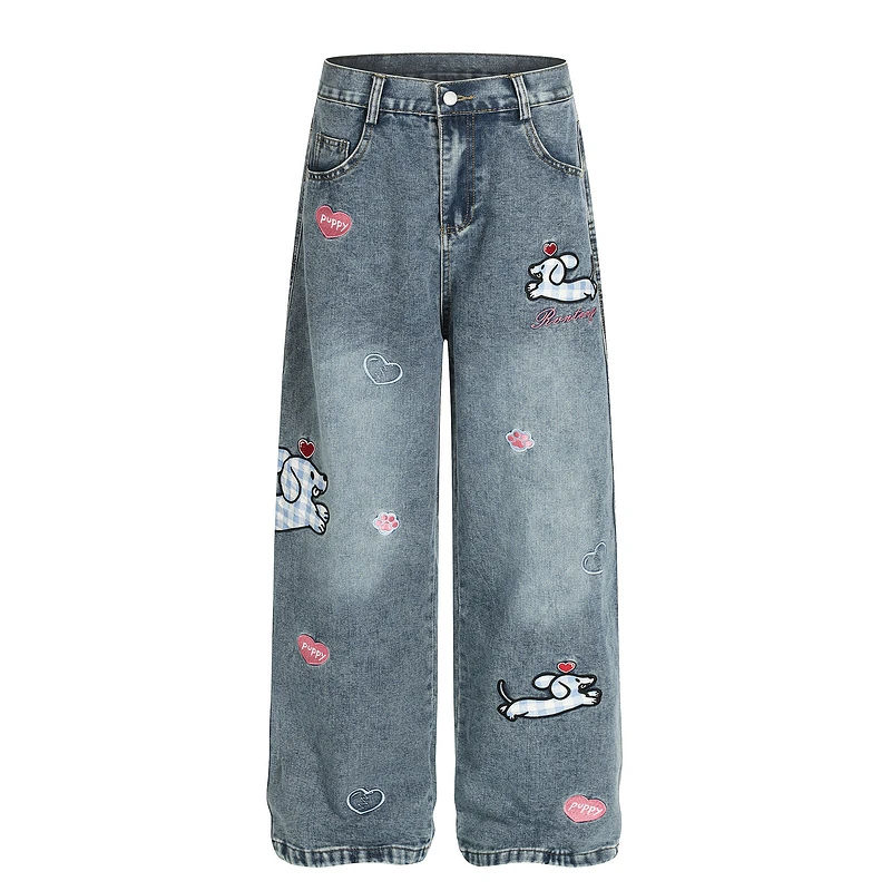 美式街头趣味卡通可爱刺绣复古宽松阔脚裤欧美甜酷少女牛仔裤情侣
