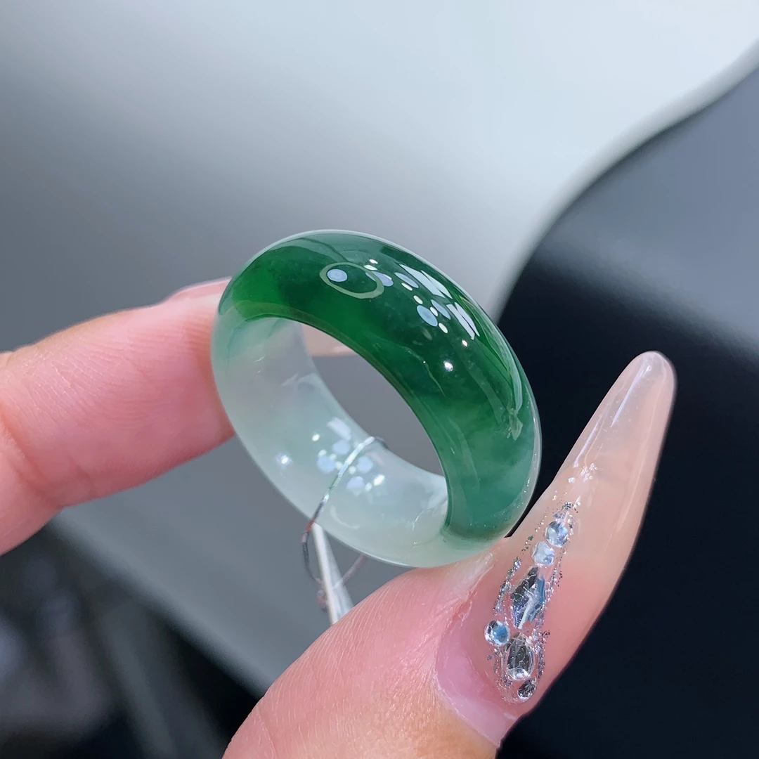 15-16号 缅甸天然A货 正冰飘辣绿花轮胎宽版戒指戒圈17.3-8.3-4.2