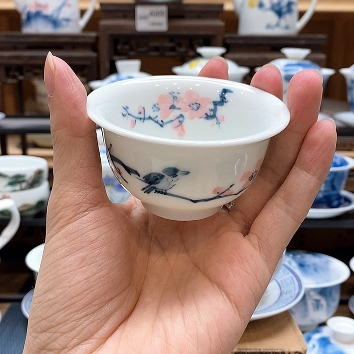 手绘喜上眉梢85cc压手杯釉下彩微瑕福利款