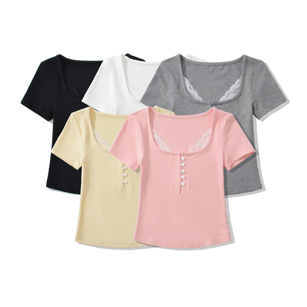 欧美风新款辣妹修身蕾丝花边拼接短袖T恤显瘦打底上衣女