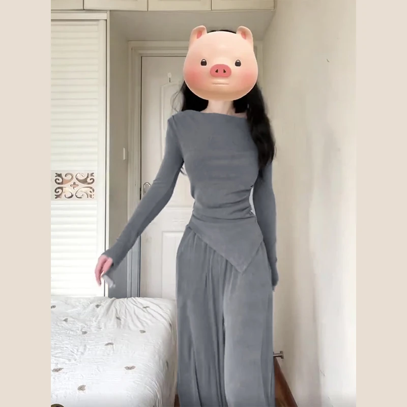 高级感气质套装女2024新款秋冬季一字肩长袖粉夏两件套裤子套装