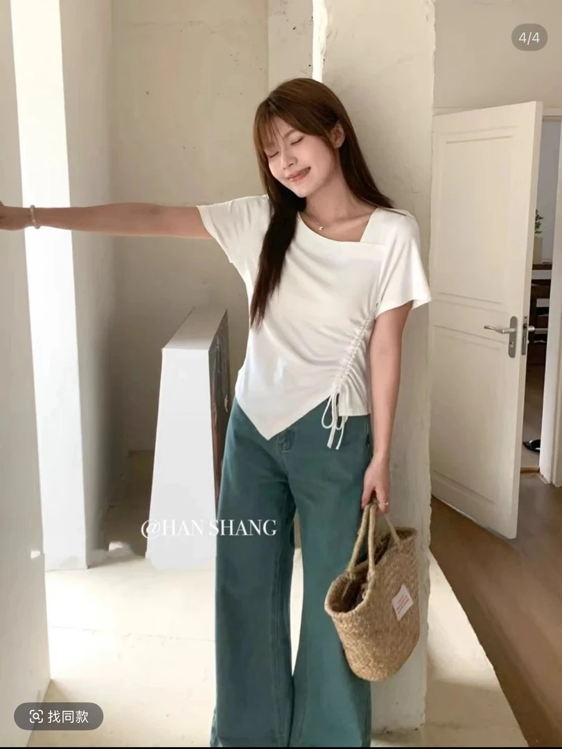 三七6627【现货】抽绳不规则领短袖棉T恤