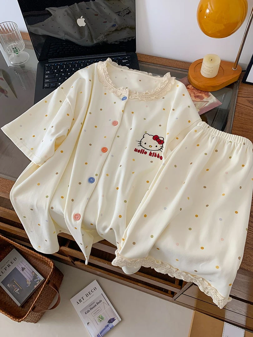 纯棉睡衣女夏季新款圆领短袖短裤卡通可爱甜美风家居服套装可外穿